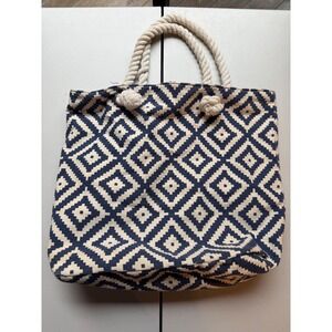 Summer Rose Navy Cream Geometric Print Canvas Rope Handle Tote Bag